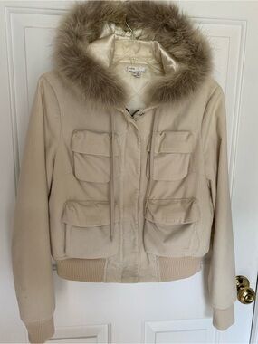 Vince Cream Bomber Jacket  with Fur trimmed Hood. Fur trim is removable